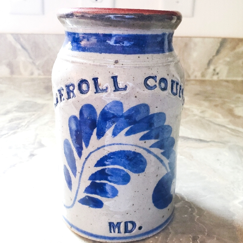 Carroll County Maryland Pottery Vase Hand Blue Gray Folk Art Cottage